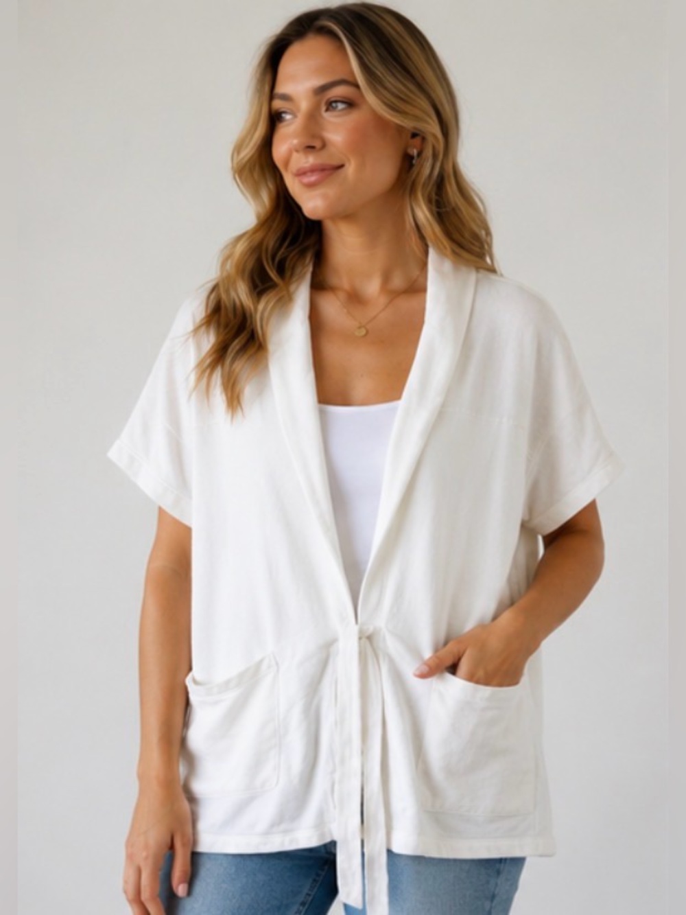 Eileen Fisher L/ XL Organic Cotton Linen Lyocell Tie Front Cardigan Jacket